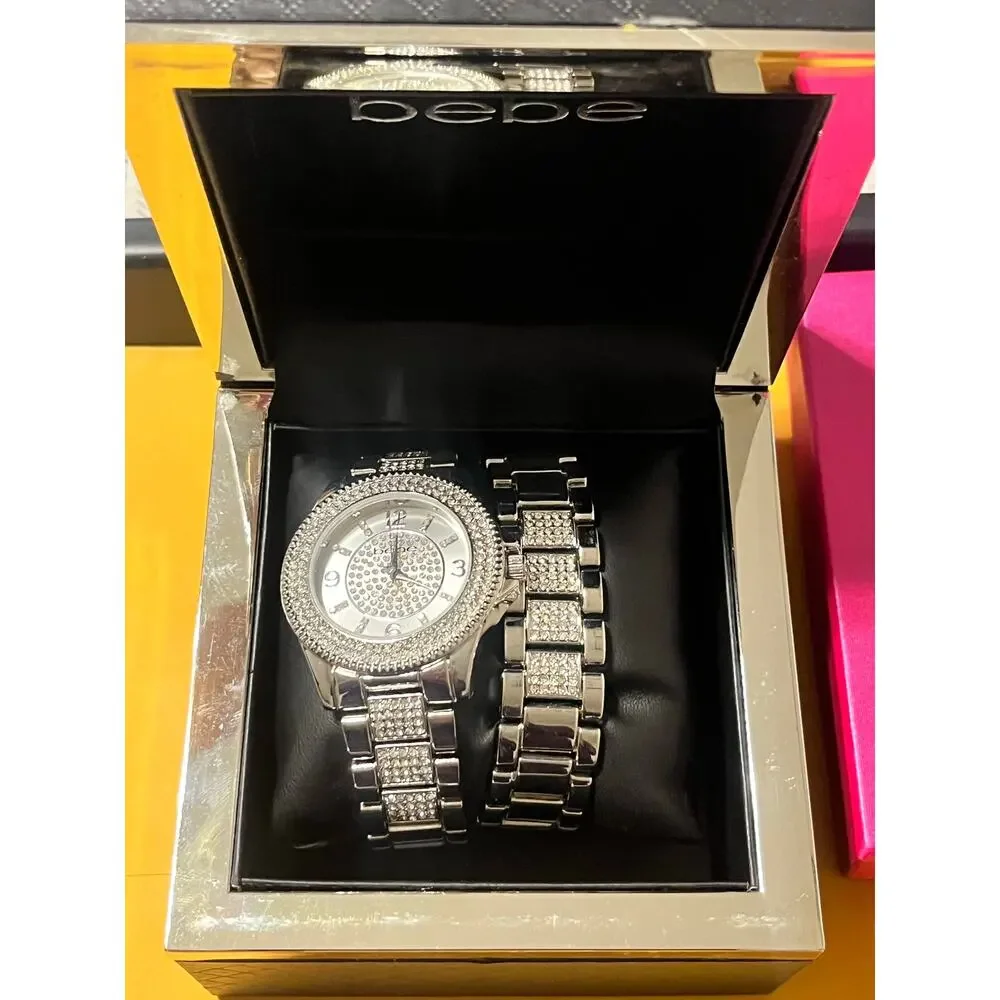 Bebe silver-tone watch and bracelet set embellished with crystals